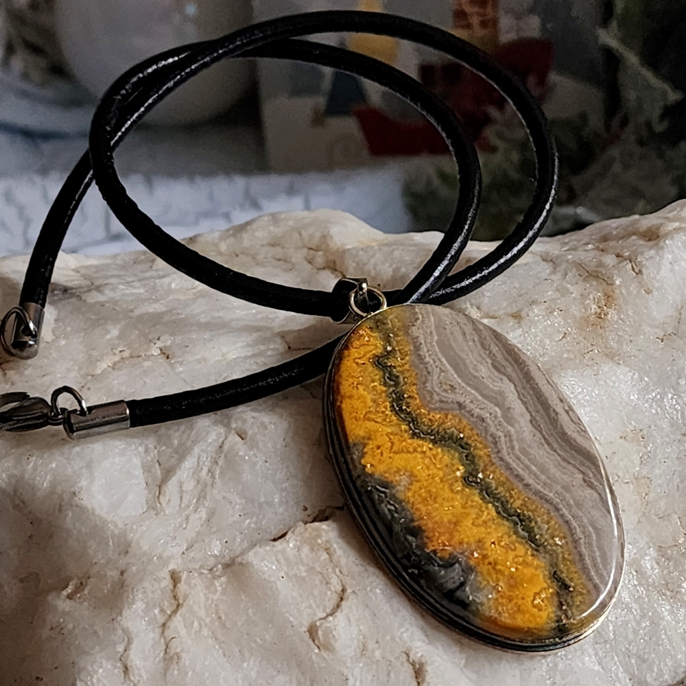 Large Genuine Royal Yellow Jasper Cabochon Rhodium/925 Silver Leather Necklace